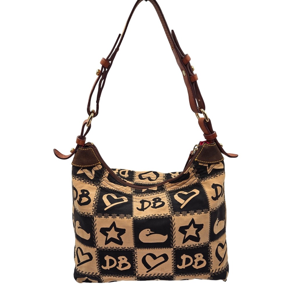 Dooney Bourke Hobo Bag Beige Black Patchwork Duck Heart Star DB Print